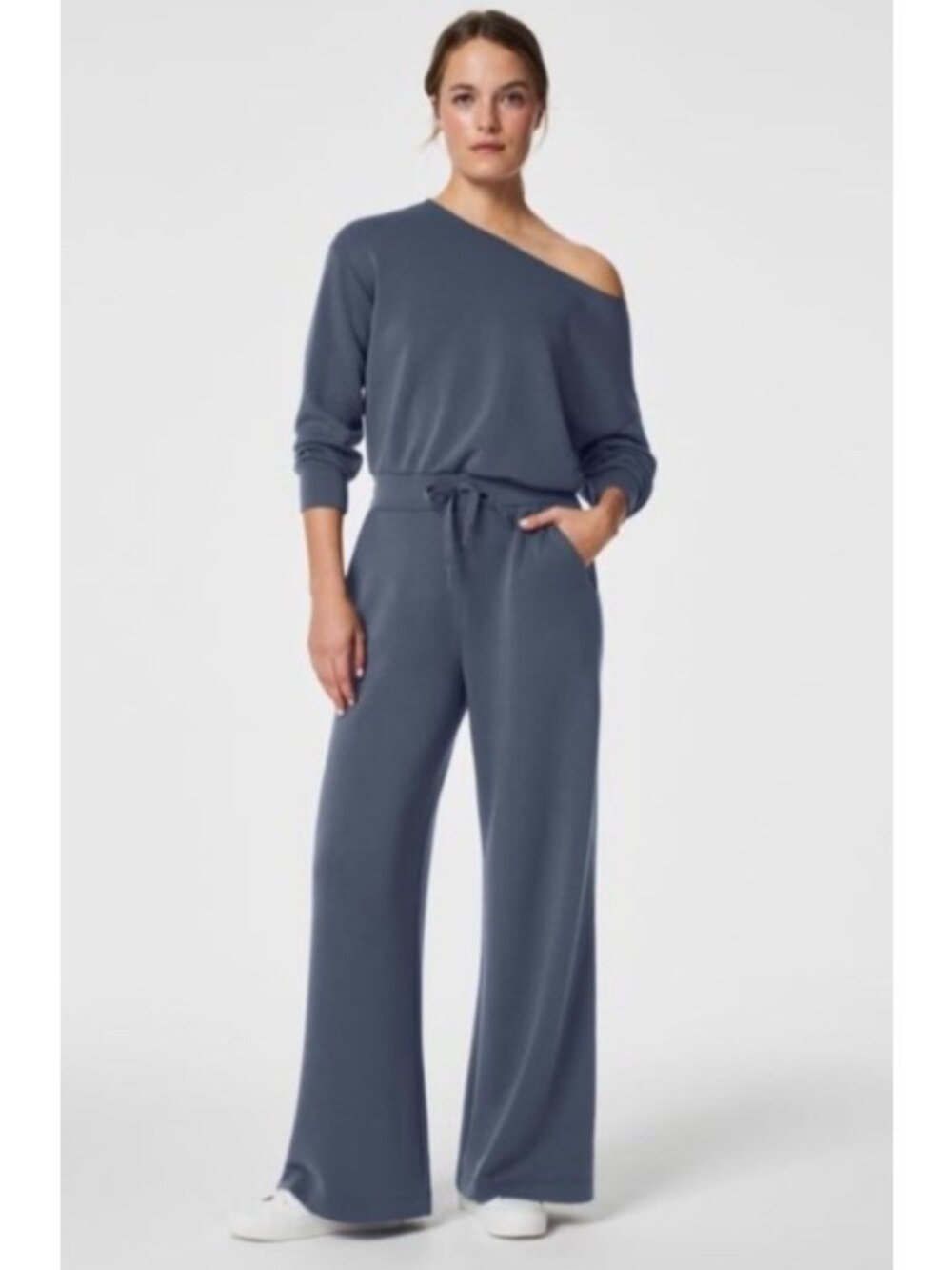 Spanx Off-Shoulder Wide-Leg Jumpsuit Long-Sleeve Storm Blue Loungewear Casual